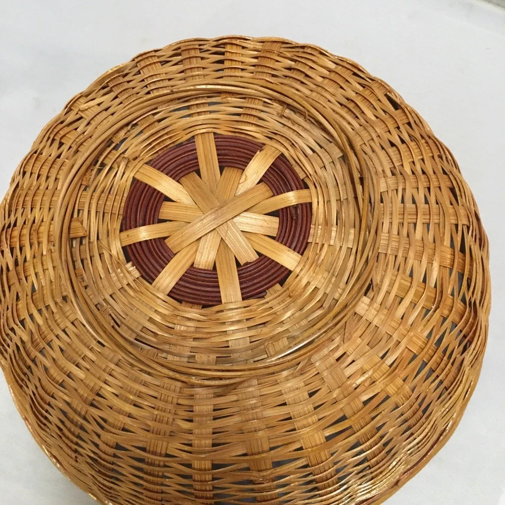 Round Wicker Basket Unisex 9 Inch Tan Woven Decorative Storage Bowl Cottagecore